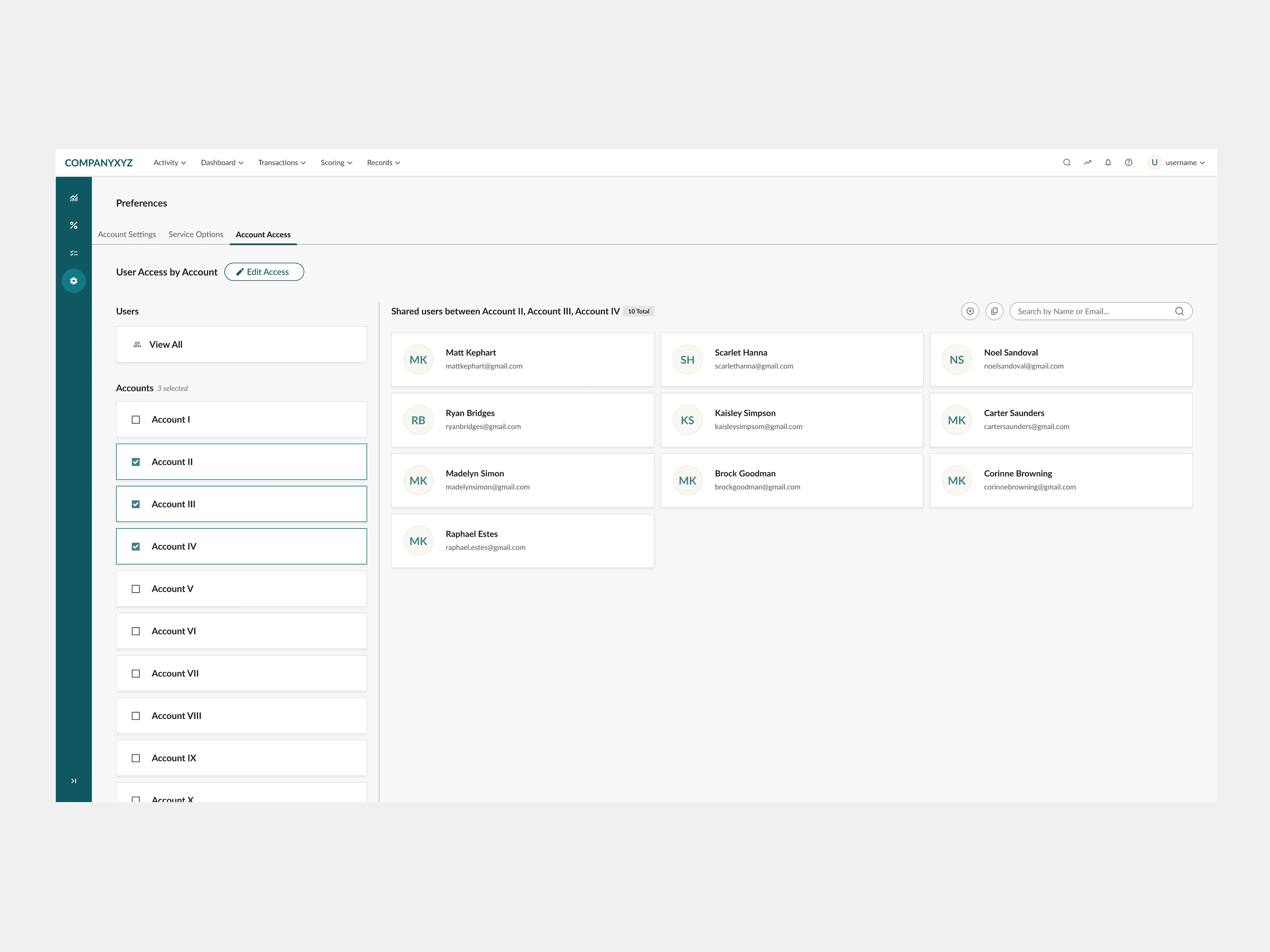 Revised access-management design showing multiple accounts selected at once to reveal their shared users, replacing the earlier groups concept