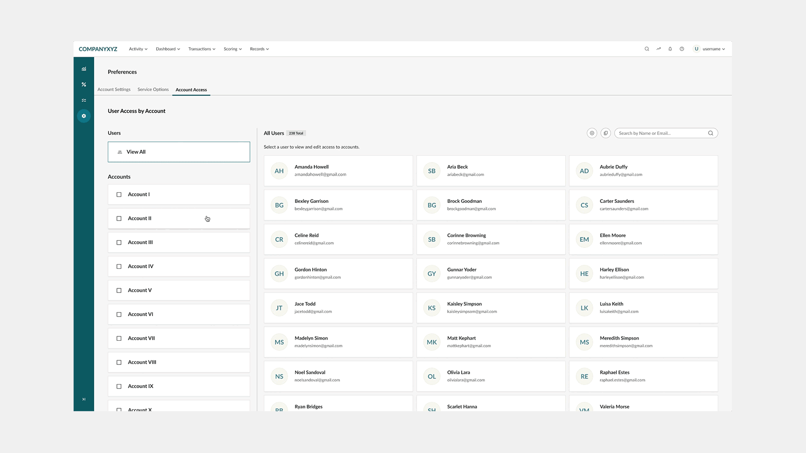 Animated demo of bulk-updating user access across multiple selected accounts.