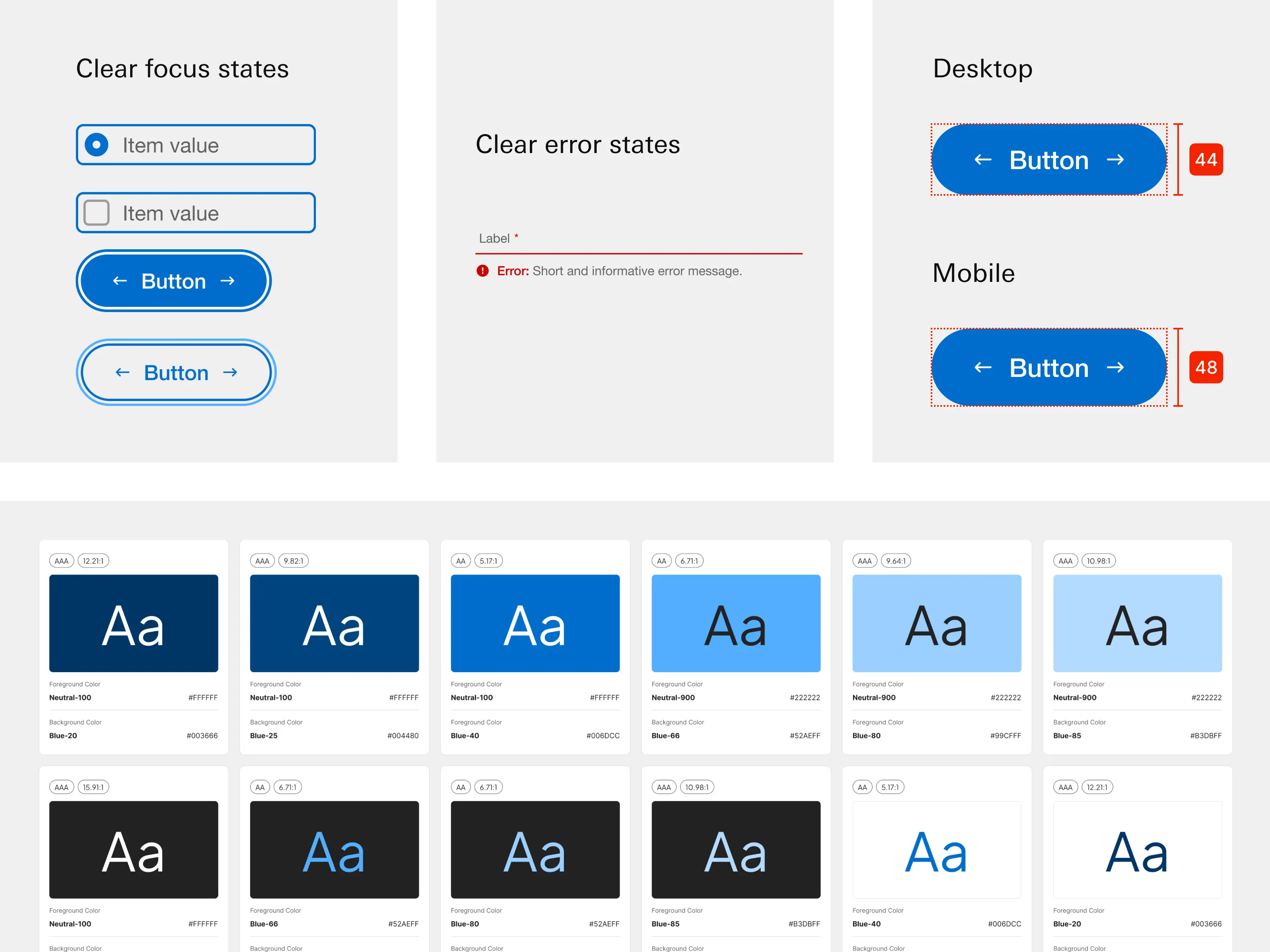 Accessibility guidelines showing focus and error states, minimum touch target sizes for desktop and mobile, and color contrast ratios for the brand palette