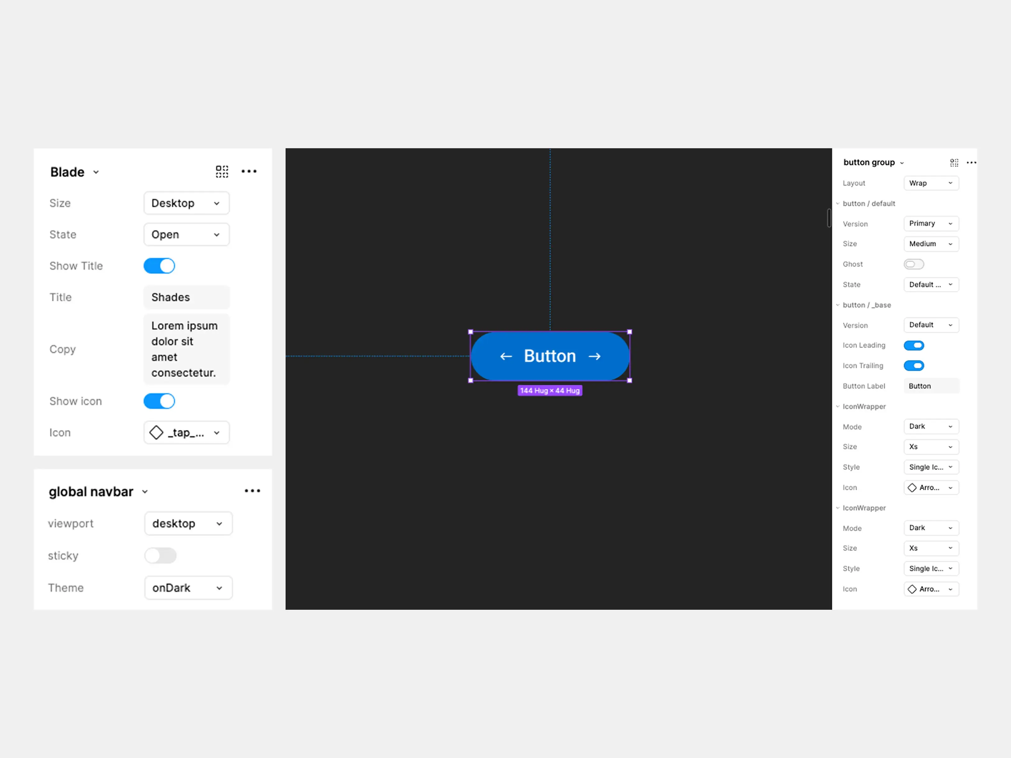 Figma component panel showing customizable properties for a button and navigation blade, including size, state, icon, and theme variants