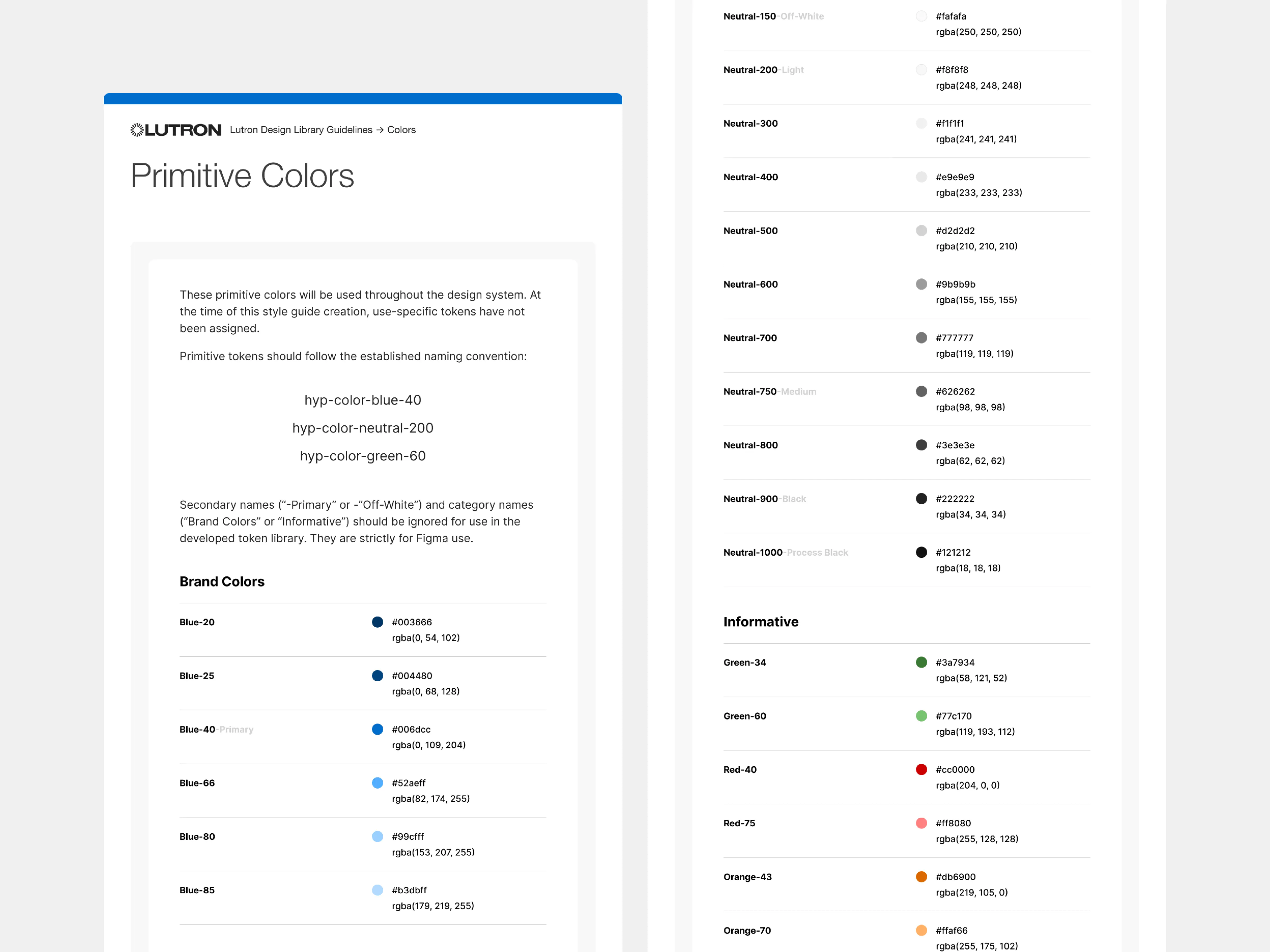 Color token documentation listing primitive neutral, blue, and informative colors with hex and RGB values